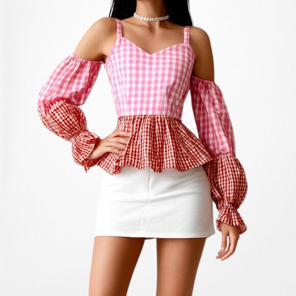 Pink Red Cold Shoulder Plaid Checkered Long Puffy Sleeve Peplum Top Size XS - Picture 2 of 9